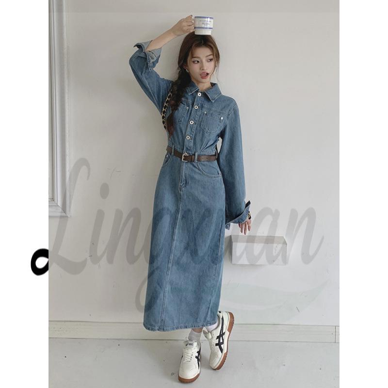 

2026 Spring Women s Denim Skirt Dress - Elegant Waist-Cinching Slim Fit with Back Slit M синий