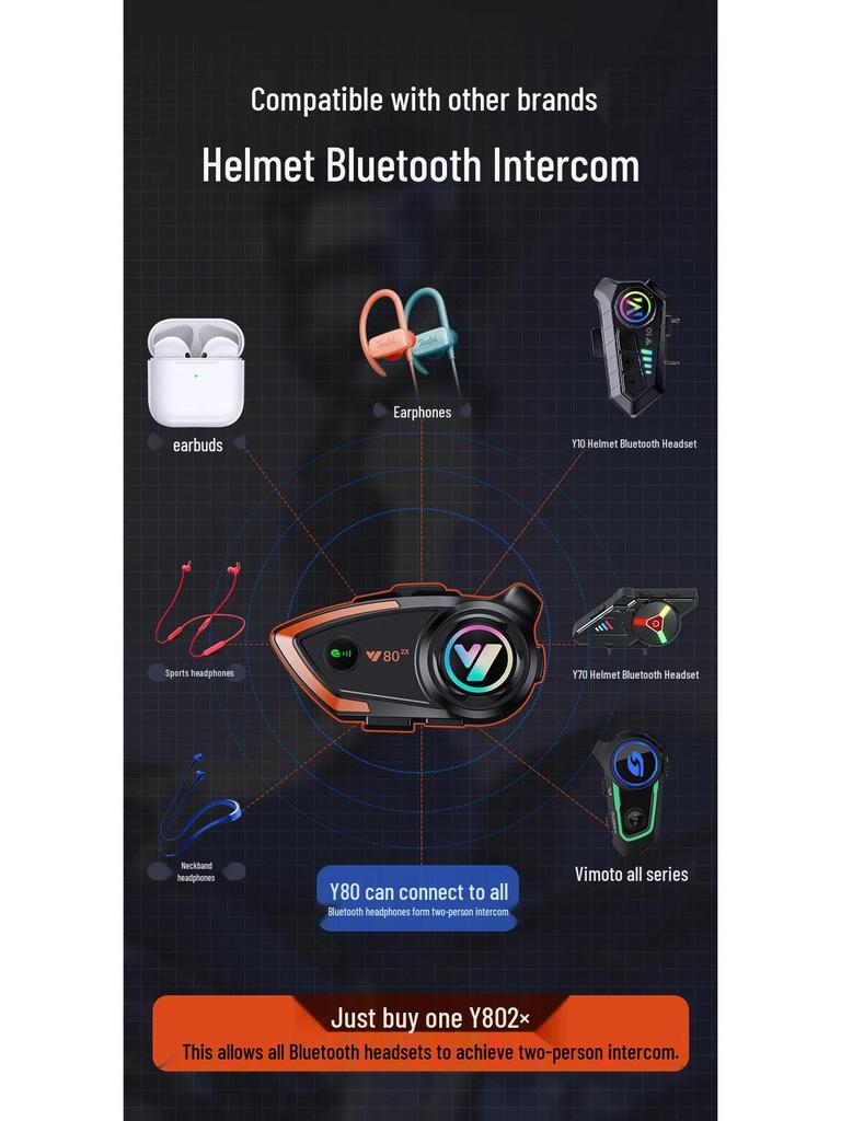 Y802x Bluetooth Motorcycle Helmet Intercom: 800m Range for Two Riders, Compatible with Third-Party Helmets.