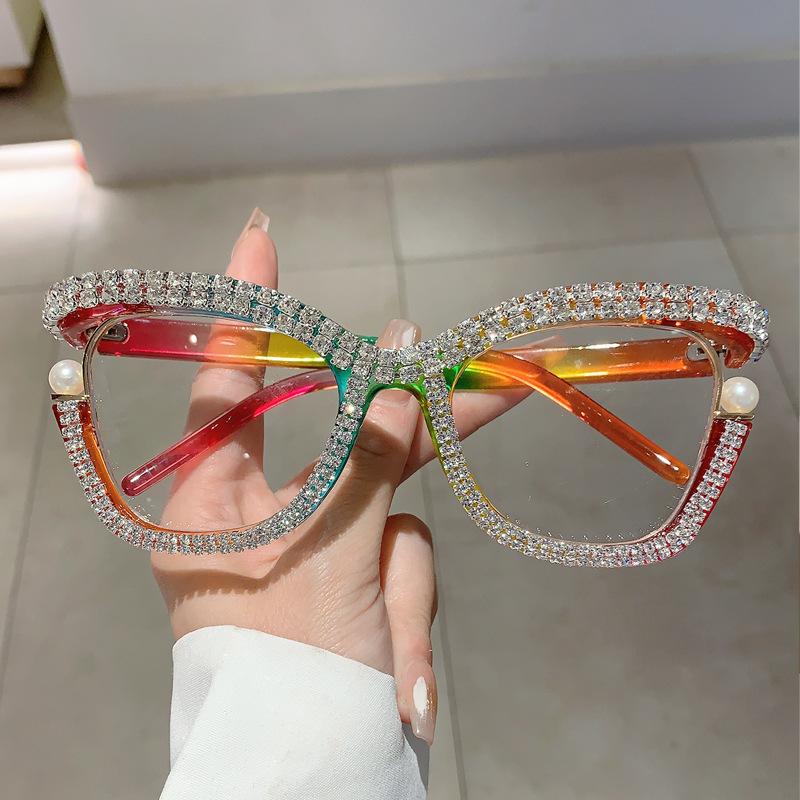 Vintage Anti Blue Light Optical Diamond Pearl Cat Eye Glasses Women For Female Luxury Brand Myopia Prescription Eyewear Frame
