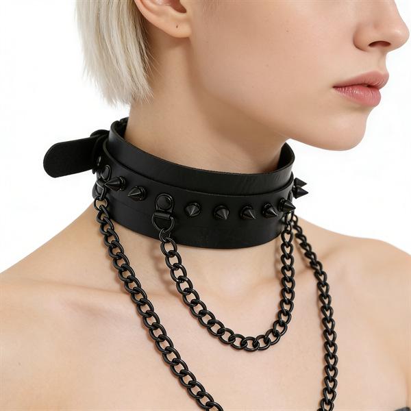 Unisex European Punk Black Leather Choker with Metal Chain and Lock Pendant.