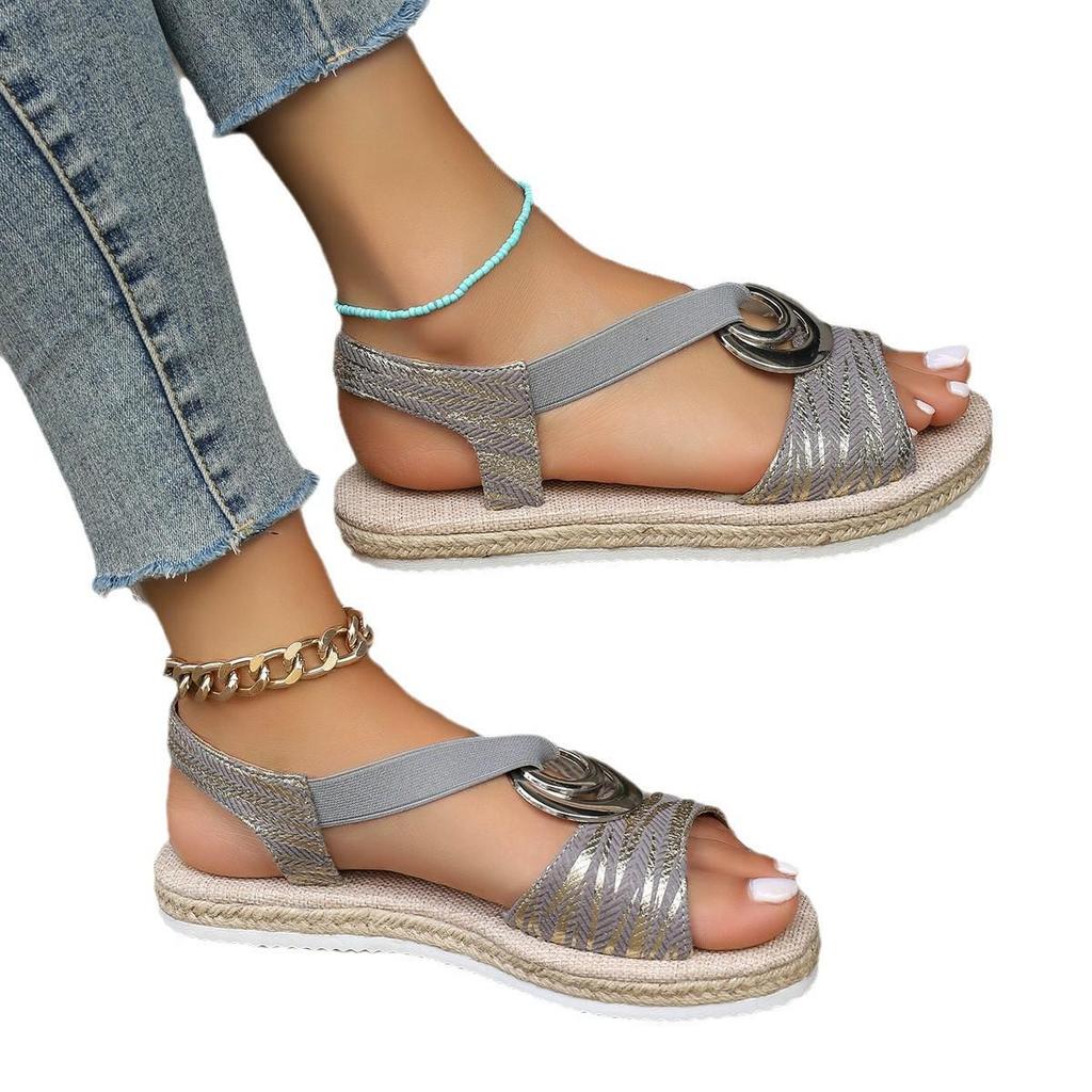 2024 European Plus Size Women's Fish Mouth Sandals with Metal Buckle and Rope Flat Sole