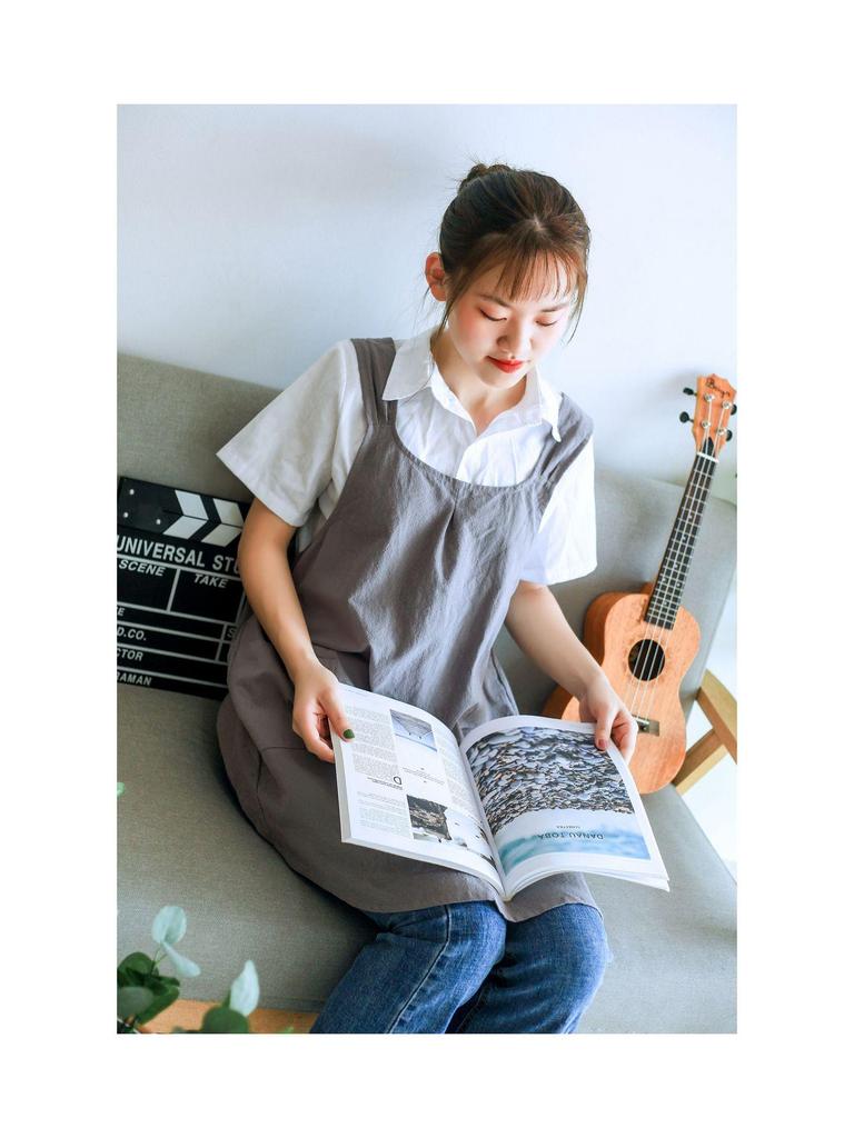 Retro Floral Cotton Linen Apron - Japanese & Korean Style, Comfortable Women's Bib with Printed Logo
