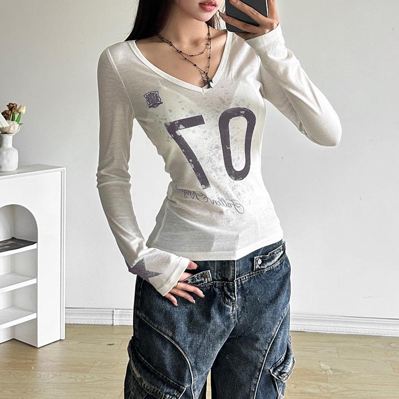 New Women's Solid Color Slim Fit Street Fashion V-neck Printed Long Sleeved Top for Women