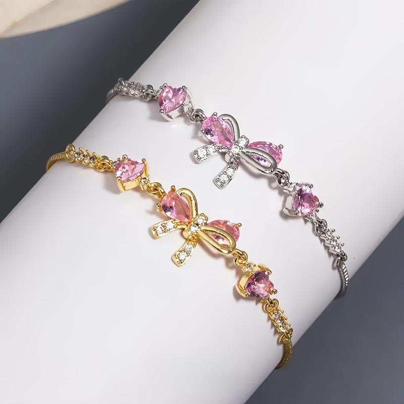 Shiny Pink Bow Heart Zircon Jewelry Set Necklace Bracelet for Women Trendy Y2K Style Accessory Gift for Teens