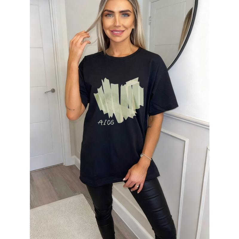Oversize T-shirt Czarny Z Nadrukiem Wut Aicg Graficzny T-shirt Casualowa Moda Uliczna Top Dla Kobiet Letni Strój