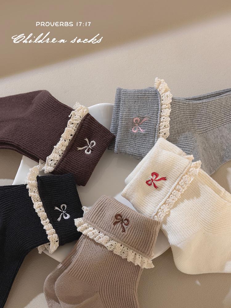 Girls' Cotton Mid-Calf Socks with Sweet Bowknot - Korean Style Lace Princess for Autumn and Spring