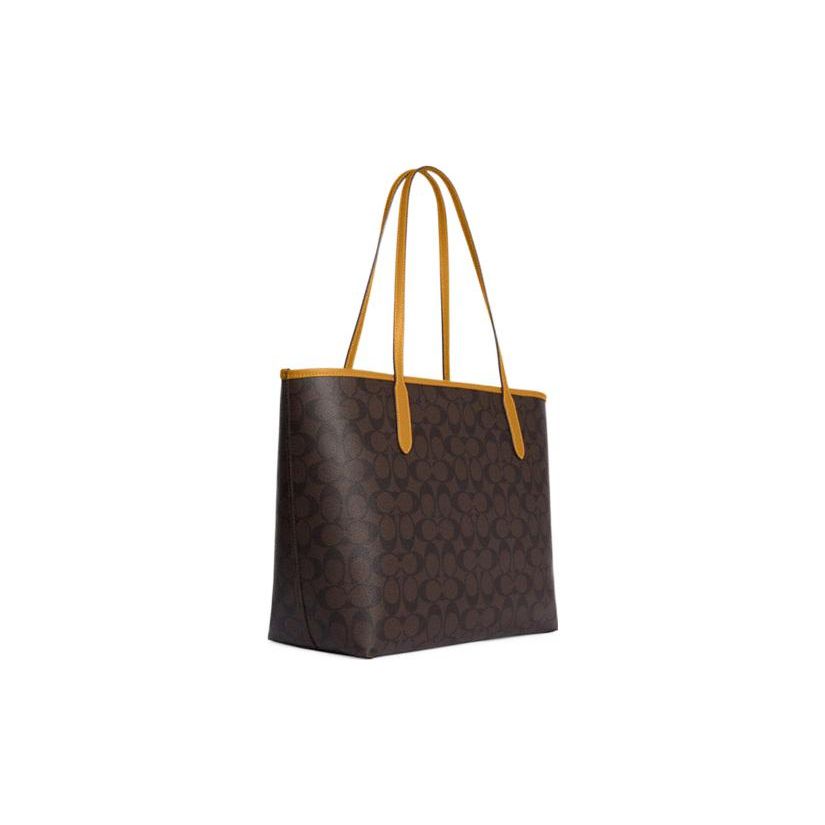 Coach City 33 Classic Logo Print Tote Bag With Zipper Women Tote Bags Brown Yellow CB869-QBUOD