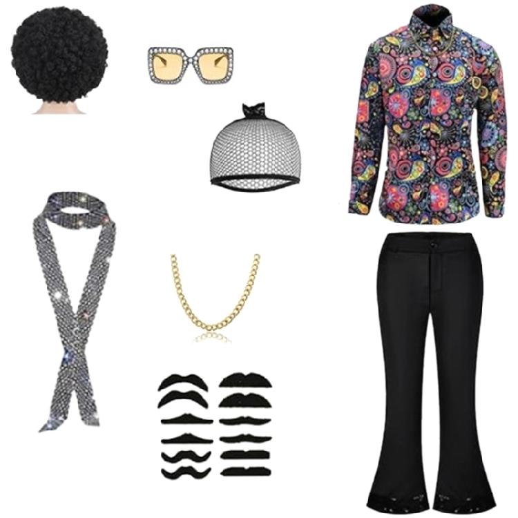 Hippie Disco Costume Set 70s 80s Costume Accessories Bells Bottom Pants Sunglasses Wigs Halloween Fancy Dress Costume XL