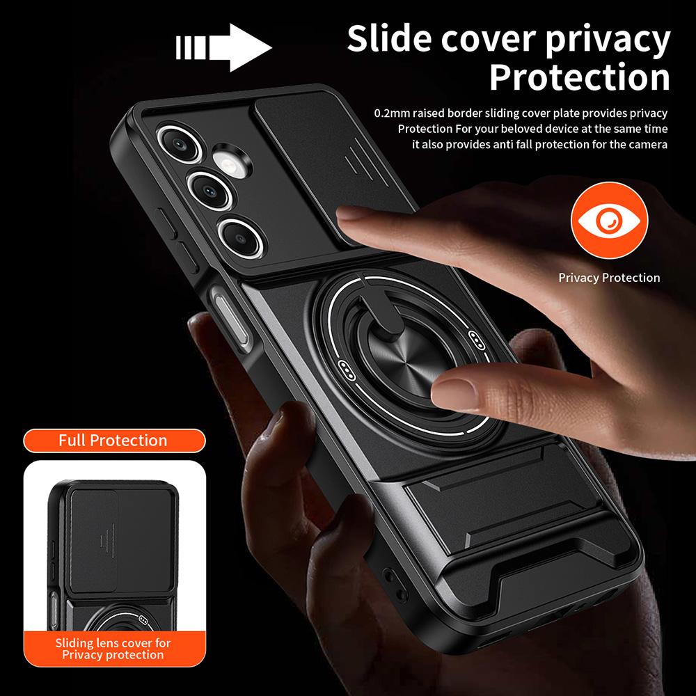 For Samsung Galaxy A25 5G (Global) (161mm) Magnetic Case Ring Holder Foldable Kickstand TPU PC Phone Cover with Camera Lens Slider