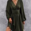 Polyester Vneck Lantern Sleeve Dress With Pleats For Casual And Party Wear