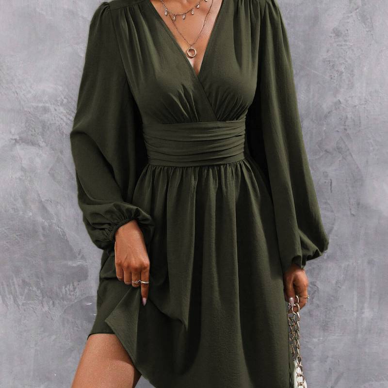 Polyester Vneck Lantern Sleeve Dress With Pleats For Casual And Party Wear