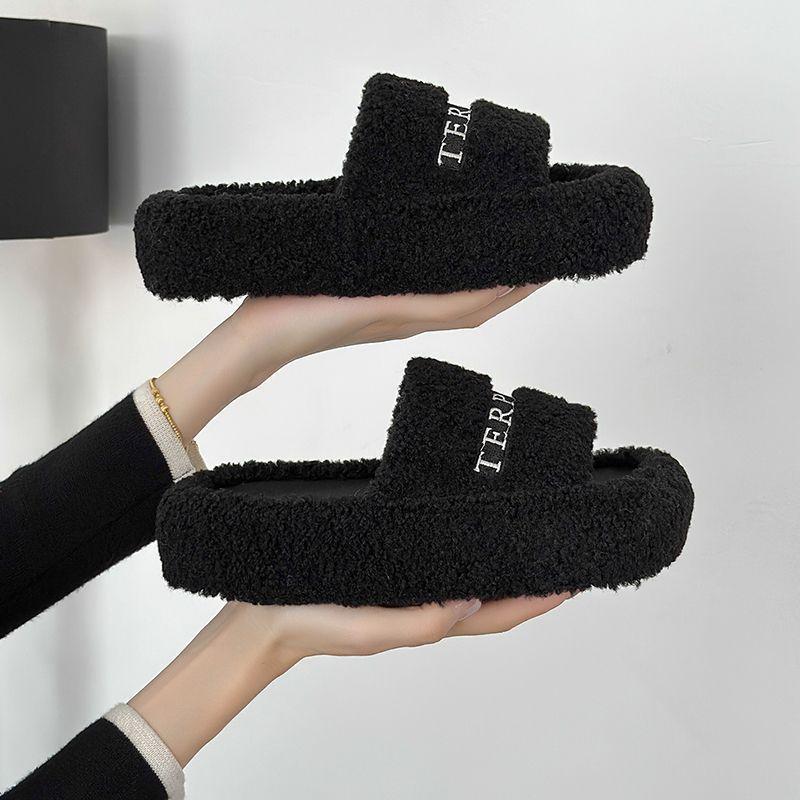 Thick-soled high-heeled fluffy slippers for women to wear 2025 autumn new versatile height increase Internet celebrity versatile casual one-word drag