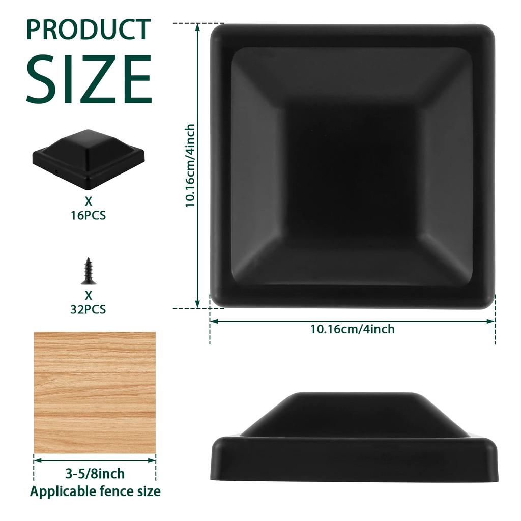 16Pcs Fence Post Caps Cover 3-5/8 Inches Black Deck Column Caps Waterproof Outdoor Post Caps Protection Garden Supplies