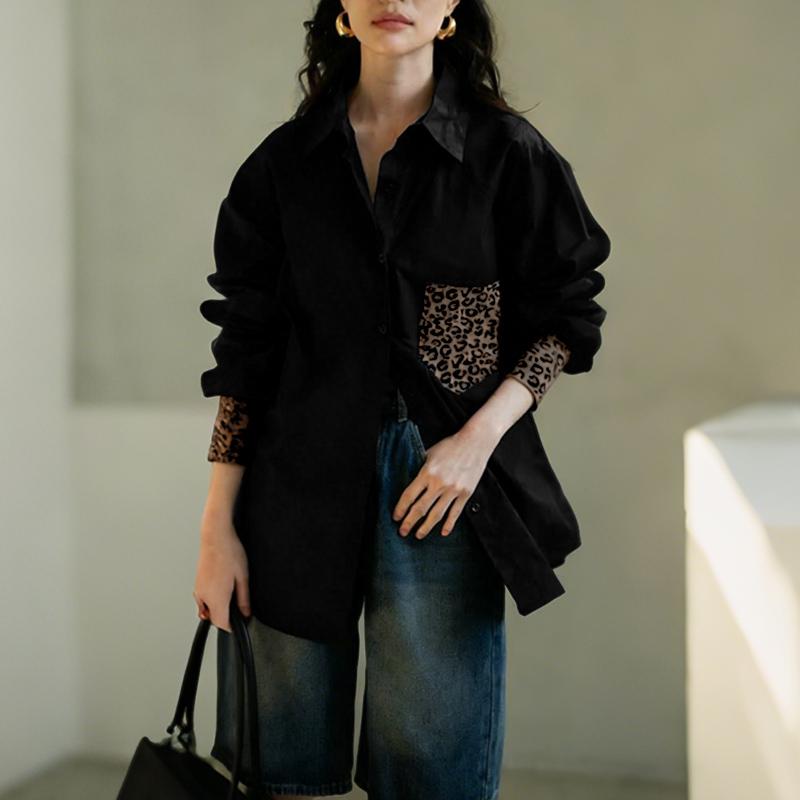 

ZANZEA Женская повседневная блузка с отложным воротником, леопардовым принтом, пэчворк, рукав 3/4 M чёрный
