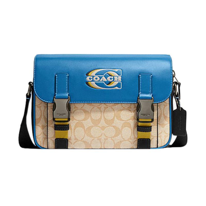 

COACH Track 27 classic color block print cow leather shoulder crossbody bag regular men s blue rice синій