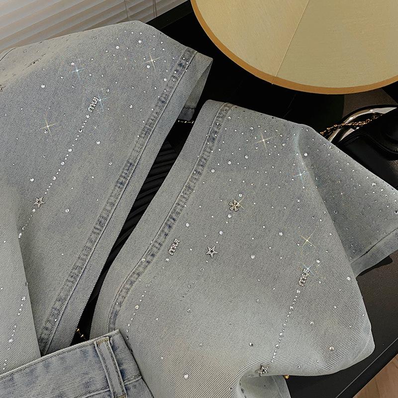 Women's High-Waist Light Blue Denim Pants with Shiny Detailing – Slimming Straight to Wide-Leg Casual Versatile Fit