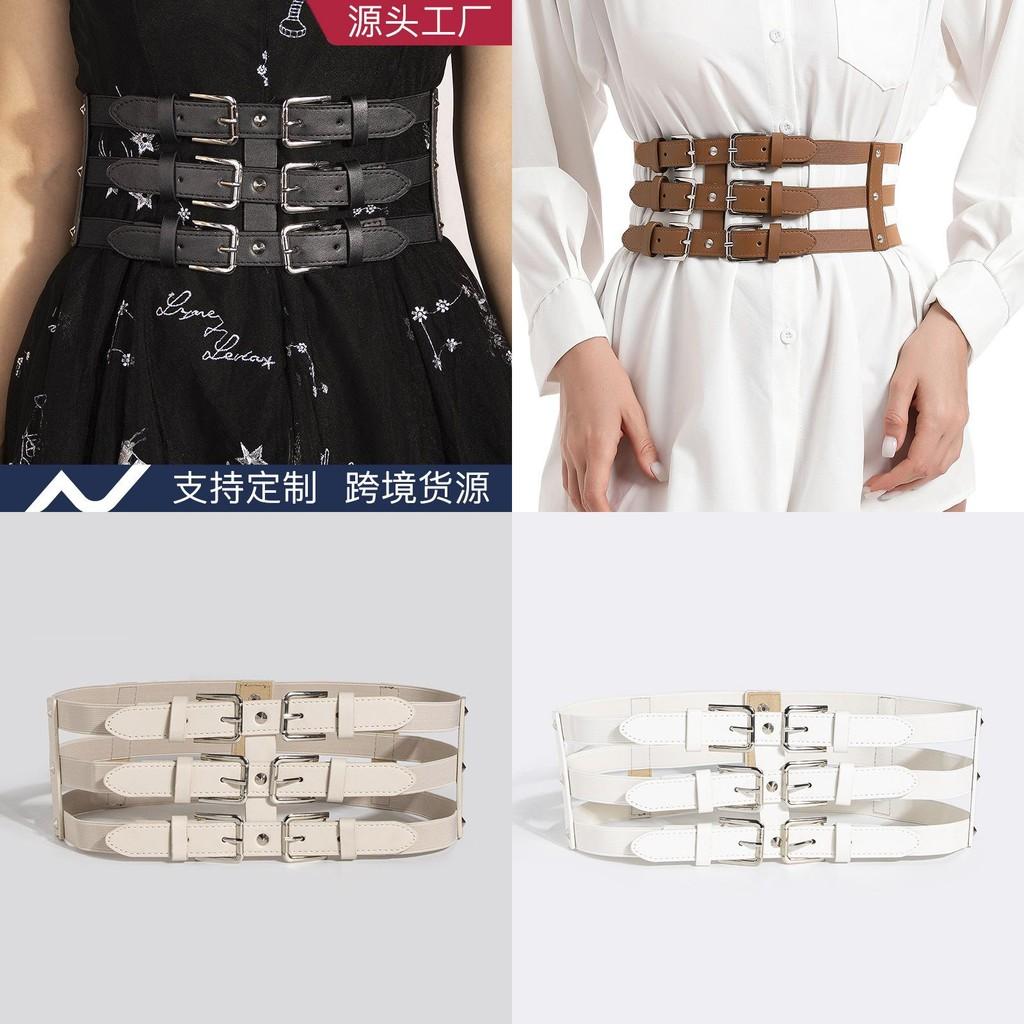 Dark Fashion Punk Waist Belt With Threerow Buckles For Edgy Urban Look
