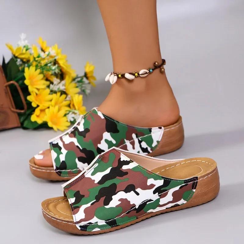 2025 Plus Size Ladies Shoes Open Toe Women's Slippers Hot Sale Daily Casual Slippers Women Print Round Toe Platform Rome Sandals