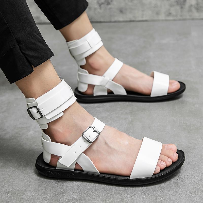 Summer New Men Gladiators Black White Punk Rock Patent Leather Casual Shoes Breathable Beach Sandals Outdoor Slippers Plus Size