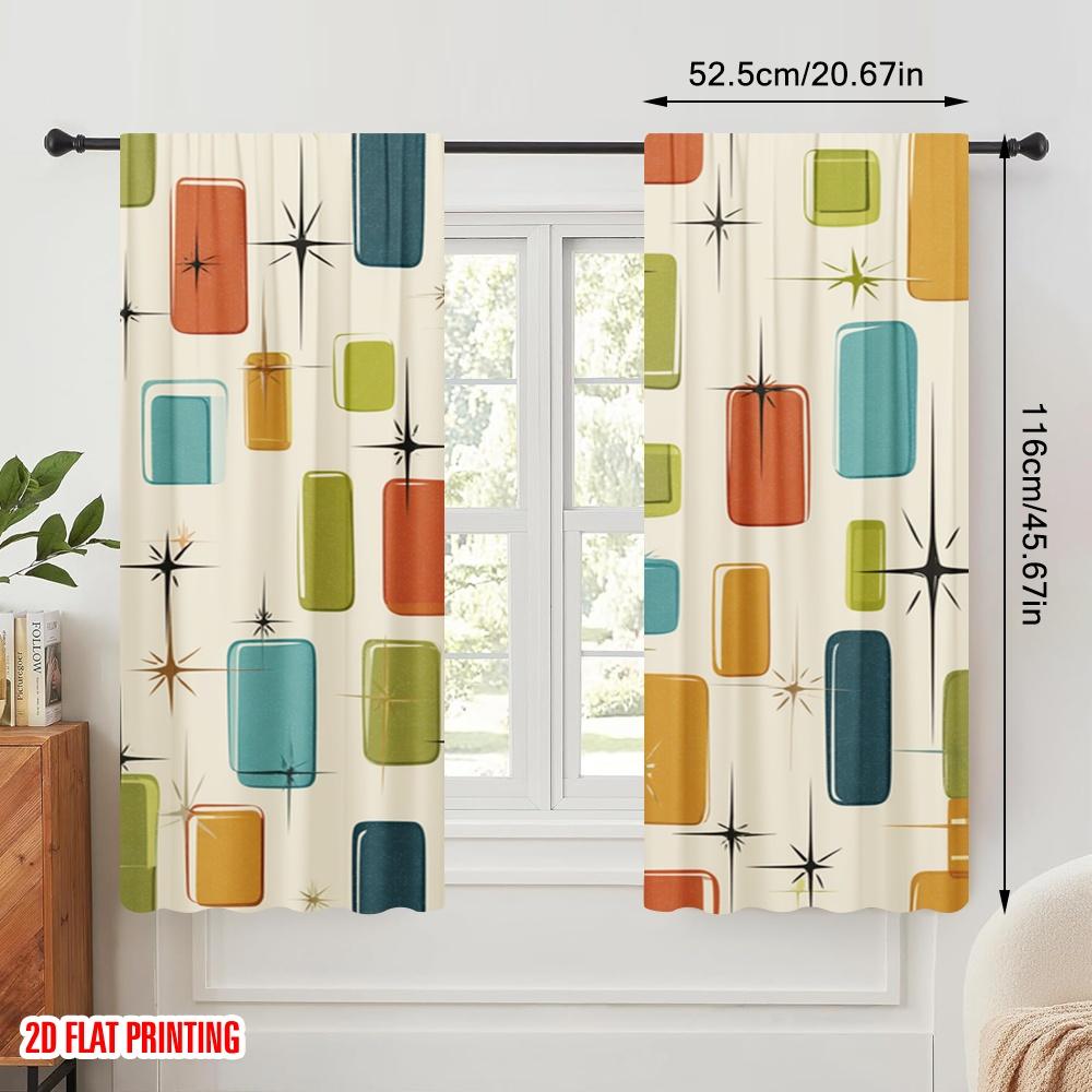 2 Stück, 2D-Flachdruck Vorhang Beliebte Retro-Quadrate Vielseitig 100% Polyester (ohne Stange) Außendekorationen Ldeal für