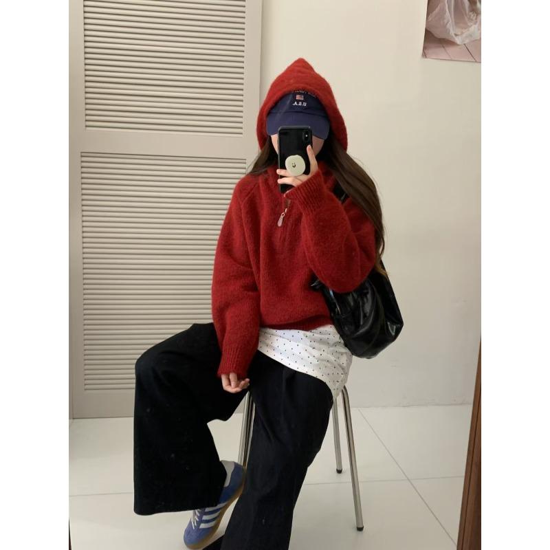 TIFICY Women's Fashion Casual Fall Winter Solid Color Print Long Sleeve Hooded Tops Women's Clothing Woolen Knitwear Sweaters
