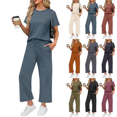 Women's Casual Fashion Short Sleeve Loose Wide Leg Pants Round Neck Suit