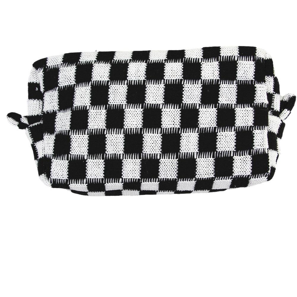 Ins-Style Plaid Knit Makeup Bag - Large Capacity Contrasting Yarn Pencil Case