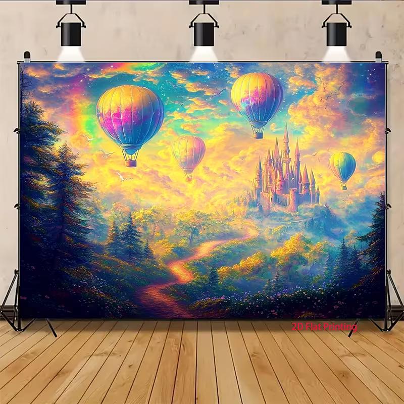 Watercolor Fantasy Hot Air Balloon Castle Backdrop Dreamy Sky Photography Background