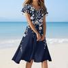 Women's Casual Fashion Flower Print Dress V Neck Short Sleeve Short Skirt