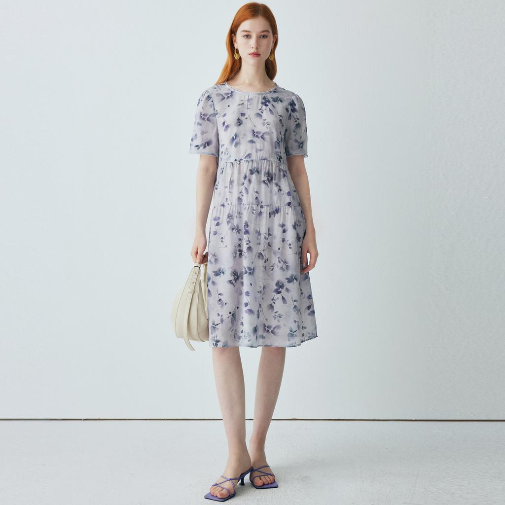 100% mulberry silk: Summer new round neck age reducing floral dress, elegant and slimming silk dress