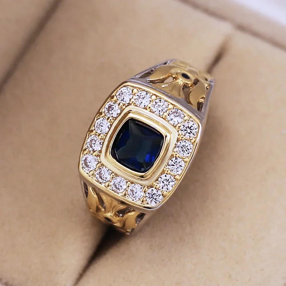 Classic Style Men's Ring for Engagement Noble Temperament Micro Paved Zirconia with Blue Stone Luxury Gift