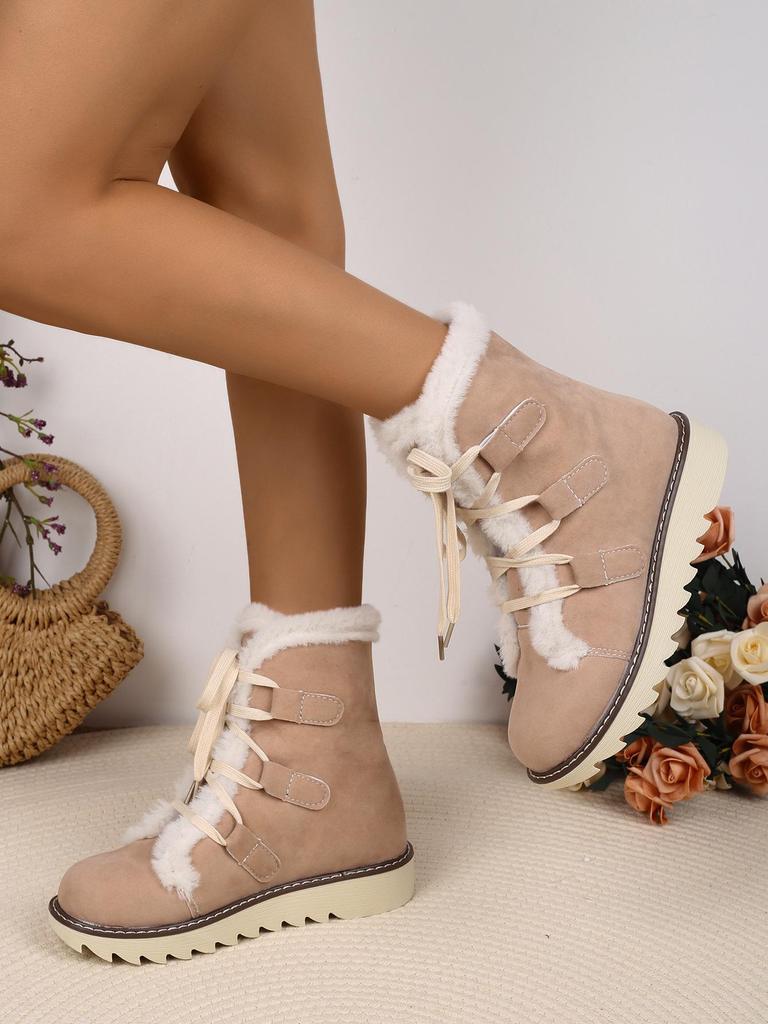 Damen Übergröße Schnür-Schneestiefel - 2024 Mit Fleece gefüttert, Warm, Verdickt, Flacher Boden für Herbst/Winter.