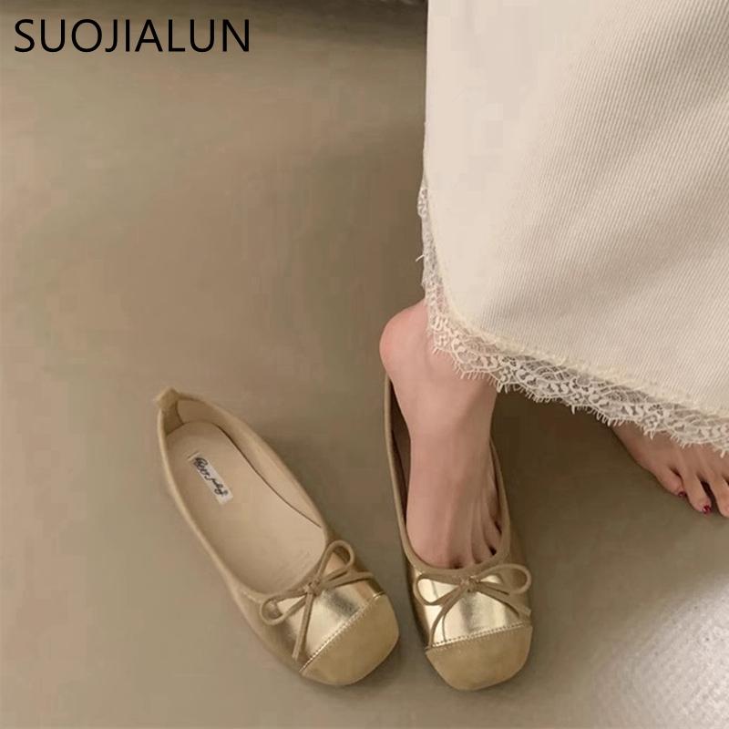 Fashion SUOJIALUN 2025 New Spring Women Flat Shoes Fashion Round Toe Shallow Slip On Ladies Ballet Shoes Soft Leather Eelgant Boat Shoes