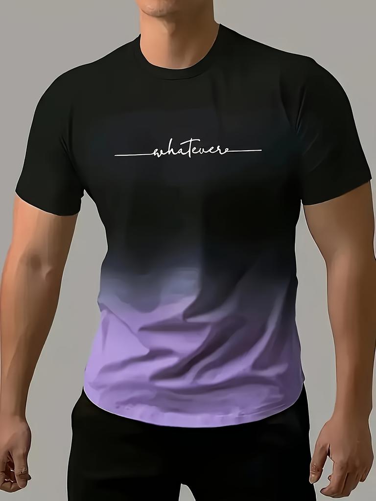 Gradient Color And Alphabet Pattern "WHATEVER" T-shirt With Crew Neck And Short Sleeve, Casual And Comfy Sports Tops