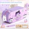 PU Leather Material Multi-Functional Pencil Box Layered Structure Cartoon Storage Box  Office Use