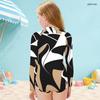 Girls High Neck Long Sleeve Front Zip One Piece Geometric Printed Swimsuit Black White Khaki