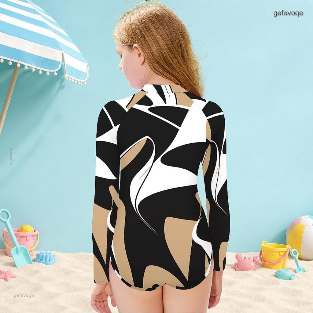Girls High Neck Long Sleeve Front Zip One Piece Geometric Printed Swimsuit Black White Khaki