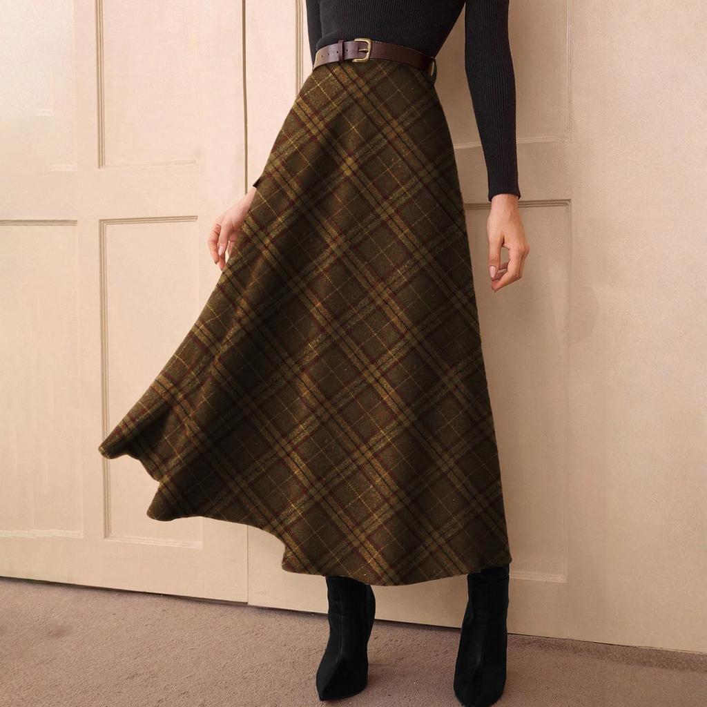 Women Flared Vintage High Waist A Line Tartan Skirts With Pockets Plaid Skirts
