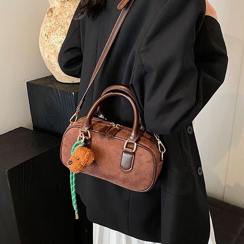 Solid Color Boston Bag PU Leather Shoulder Bag Fashion PU Bowling Bag Streetwear