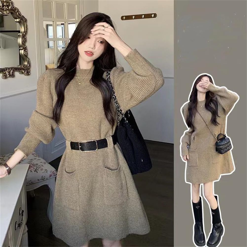 Knit Long High Midi Loose Slim Slimming Simple [SDSXZWG] Women's Dress, Sleeve, A-Line, Waist, Length, Fit, Thick, Stretchy, Fit, Effect, Design,