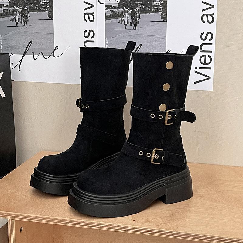 Retro two-wear locomotive boots for women's autumn and winter new belt buckle heightened small thick heel thick-soled Martin short boots