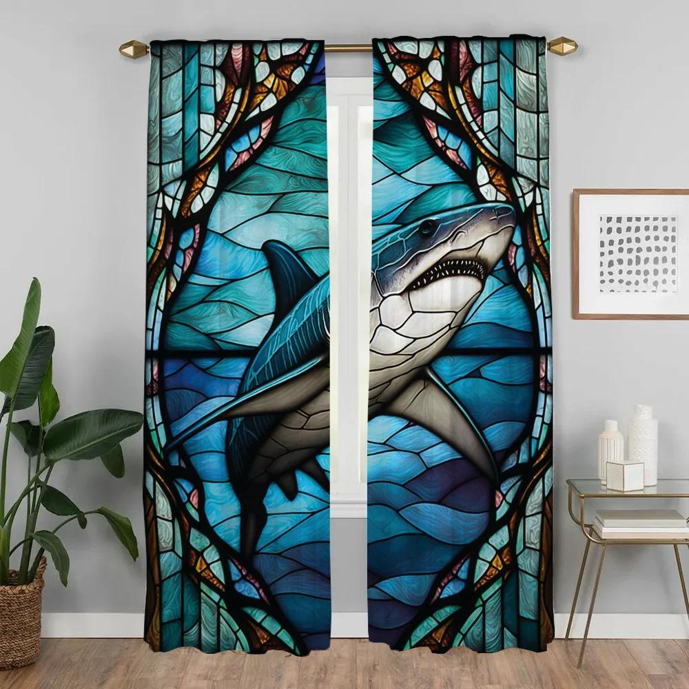 Stained Glass Sealife Blackout Curtains 2 Pieces Home Interior Curtains for Living Room Curtain Tulle for Bedroom Shades Kitchen