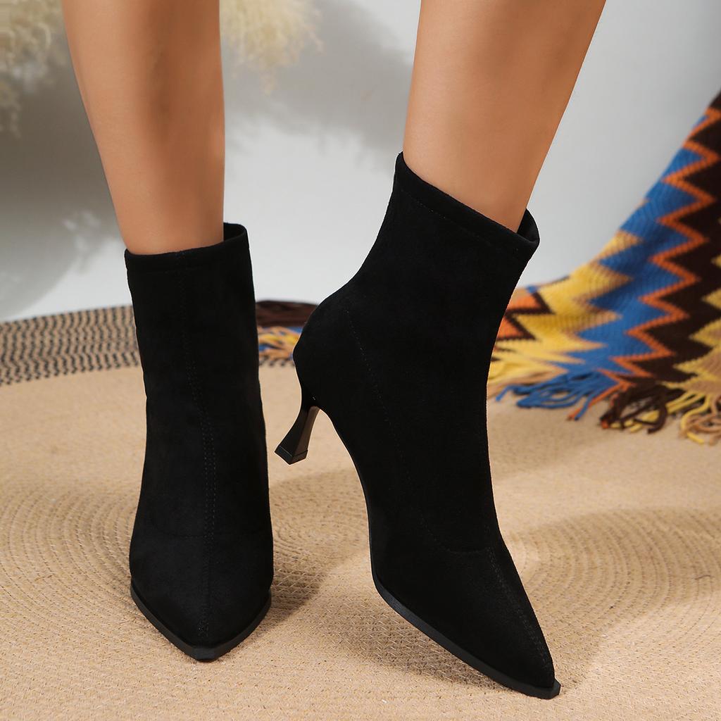 Suede Boots Women's Elastic Thin Boots Spring and Autumn New French Pointed Short Boots