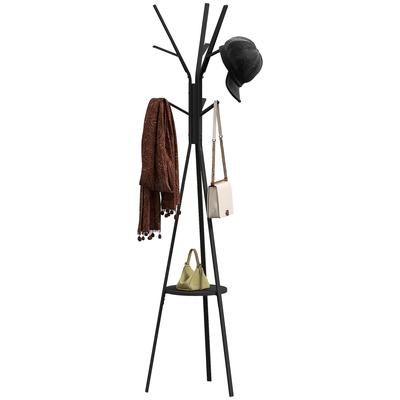 Freestanding Metal Coat Rack Stand 9 Hooks Clothes Tree with 1 Shelf Hat Display Hall Tree Hanger Bag Umbrella Hanging Organiser Black