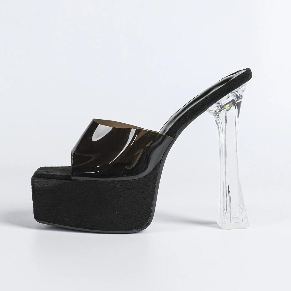 MCLUBGIRL  Crystal Thick Heel Square Transparent Word With High Heel Cool Slippers Skirt Fairy Shoes Catwalk Performa LFD-3640-3