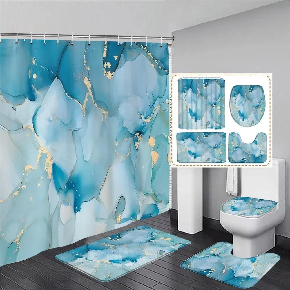 Abstract Pink Marble Shower Curtain Set Gold Textured Modern Geometric Ink Art Bathroom Decor Door Rug Bath Mat Toilet Lid Cover