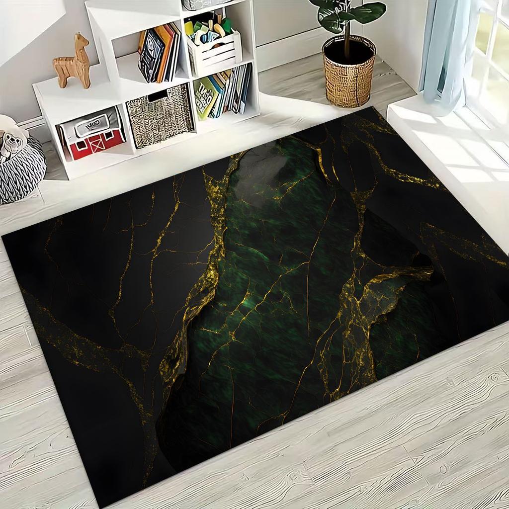 2026 Luxurious Marble Black Green Gold Colorful Stone Texture Rug for Bedroom Living Room Sofa Home Doormat Decor,Non-slip Mat