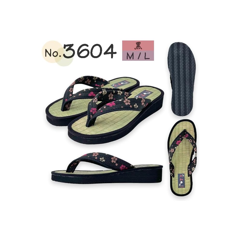 Daimyo Shokai Women's Japanese Style Tatami Sandals Black Floral Pattern Size L