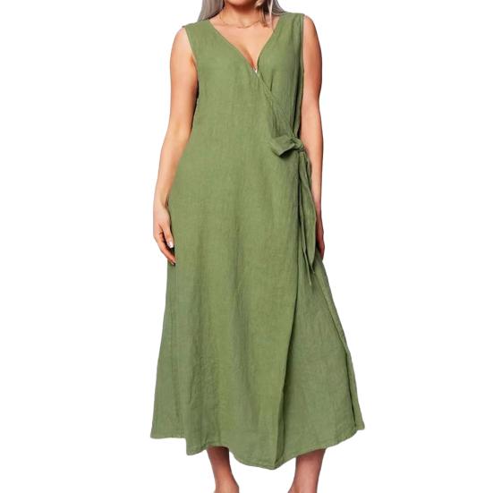 

Women s Sleeveless Cotton Linen Midi Dress Loose V-Neck Tie Waist Wrap Dress Summer Casual Beach Sundress L