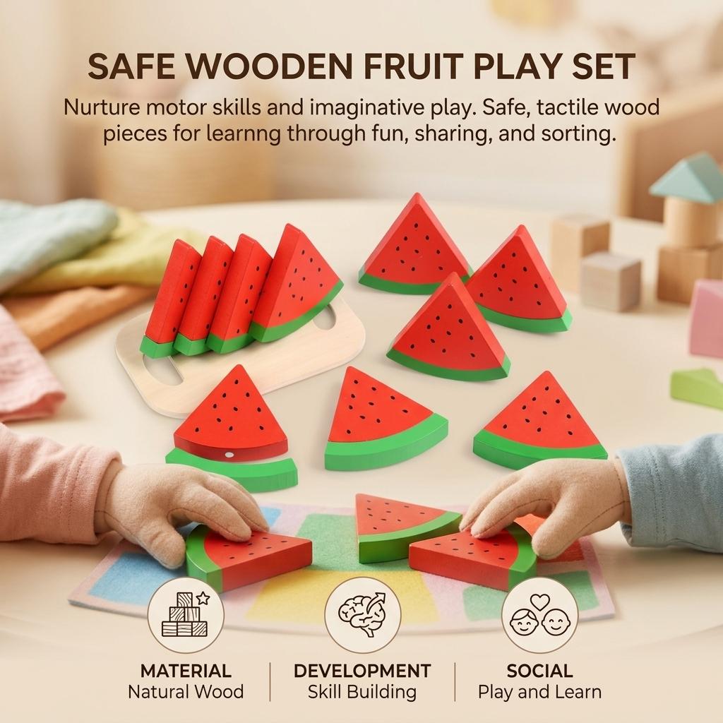 Wooden-Watermelon Toy for Kids Educational Fruit Model Role Play Gift for Boys and Girls Summer Present